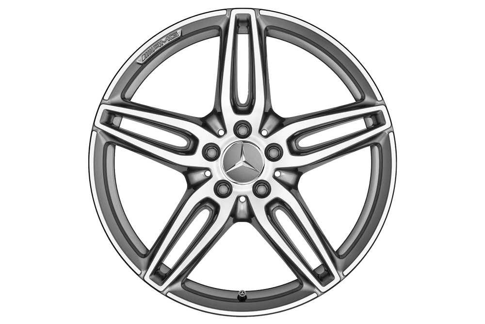 Verschiedene AMG Felgen laufen in einem Zeitraffer durch. Verschiedene Designs mit Schwarz und Silber.
