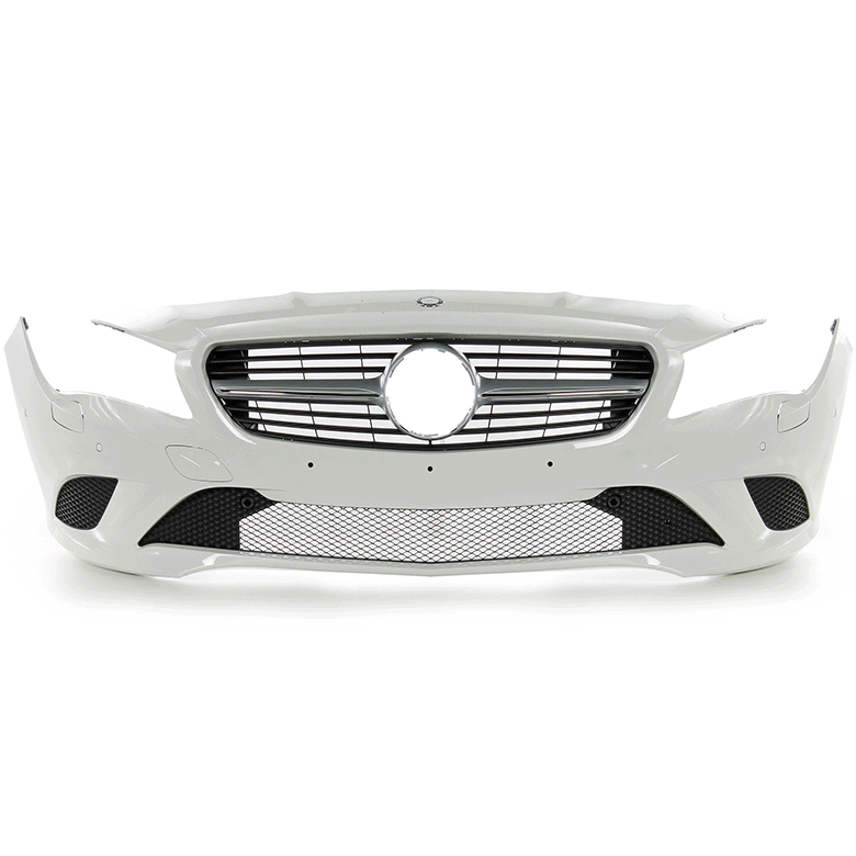 Kompletter Frontstoßfänger mit Kühlergrill für Mercedes-Benz, weiß lackiert, Original-Ersatzteil für Fahrzeugfront, ansicht front, seite und hinten